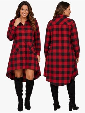 NWT OLRAIN XL Red Black Buffalo Plaid Button Front High-Low Shirt Dress